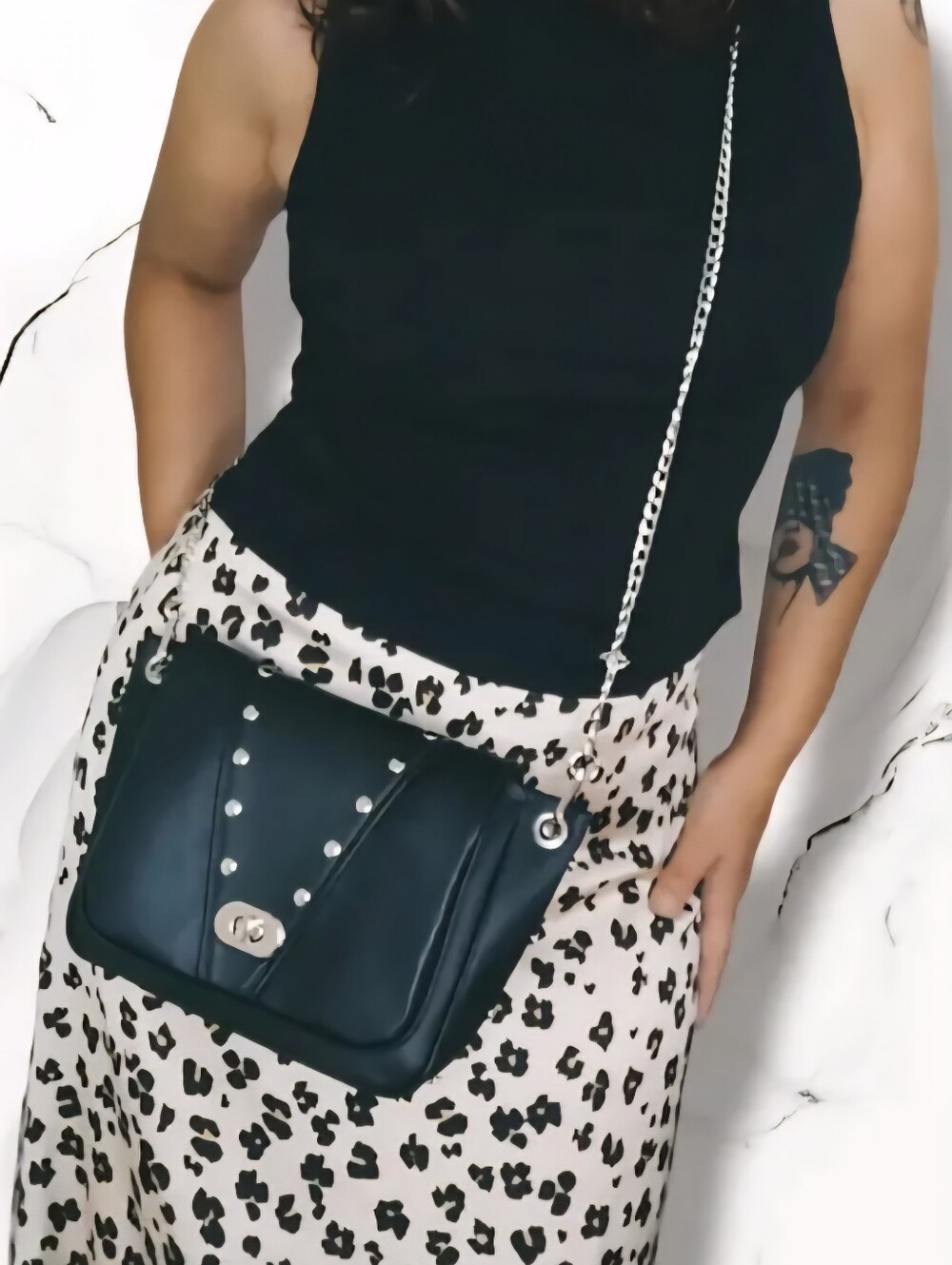 Black Leather and Rivets Crossbody Bag